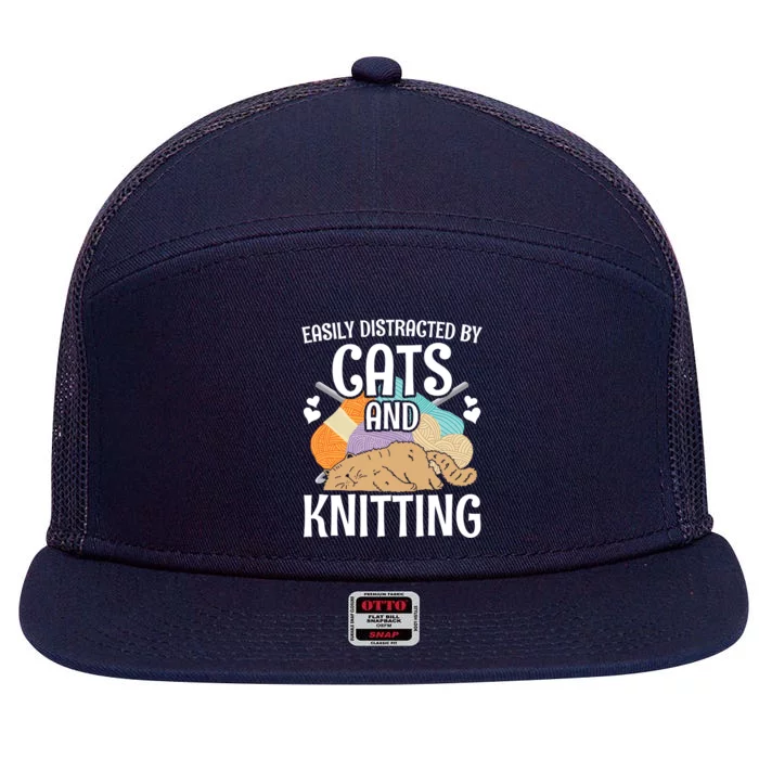 Easily Distracted By Cats And Knitting Crochet Kitty Lover Cute Gift 7 Panel Mesh Trucker Snapback Hat