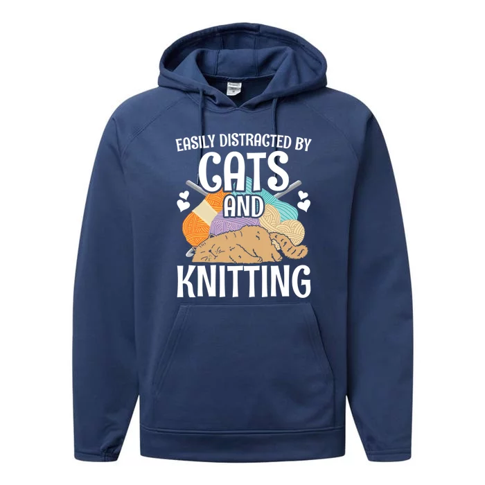 Easily Distracted By Cats And Knitting Crochet Kitty Lover Cute Gift Performance Fleece Hoodie