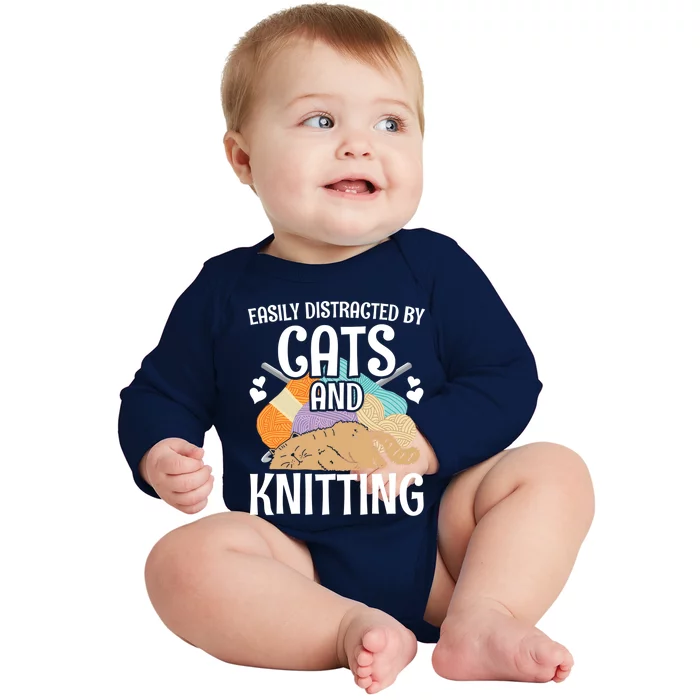 Easily Distracted By Cats And Knitting Crochet Kitty Lover Cute Gift Baby Long Sleeve Bodysuit