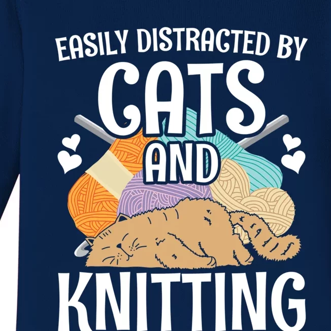 Easily Distracted By Cats And Knitting Crochet Kitty Lover Cute Gift Baby Long Sleeve Bodysuit