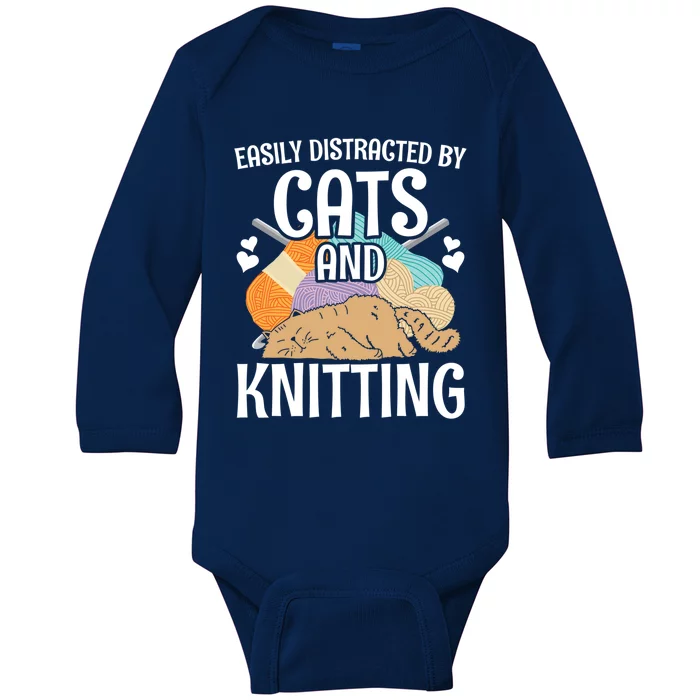 Easily Distracted By Cats And Knitting Crochet Kitty Lover Cute Gift Baby Long Sleeve Bodysuit