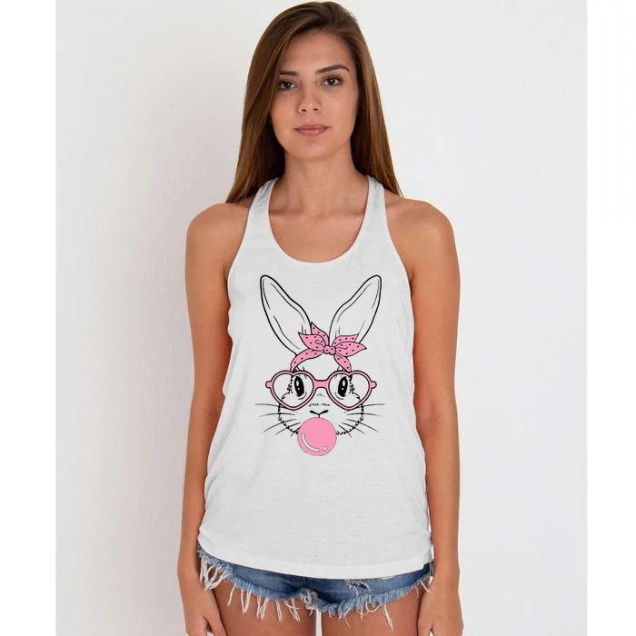 Easter Day Bunny With Heart Glasses Bubblegum Women's Knotted Racerback Tank