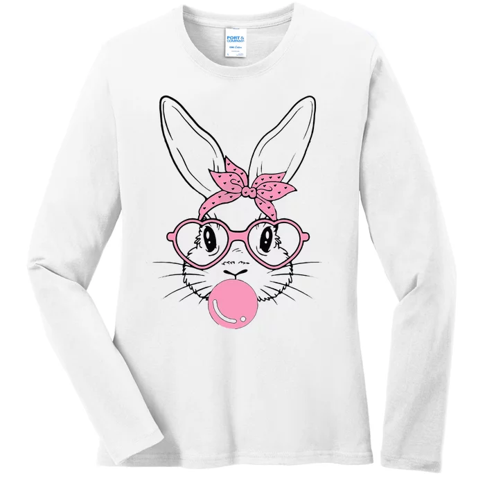 Easter Day Bunny With Heart Glasses Bubblegum Ladies Long Sleeve Shirt