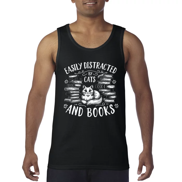 Easily Distracted By Cats And Books Cat Design Tank Top