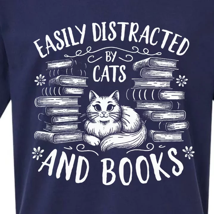 Easily Distracted By Cats And Books Cat Design Sueded Cloud Jersey T-Shirt