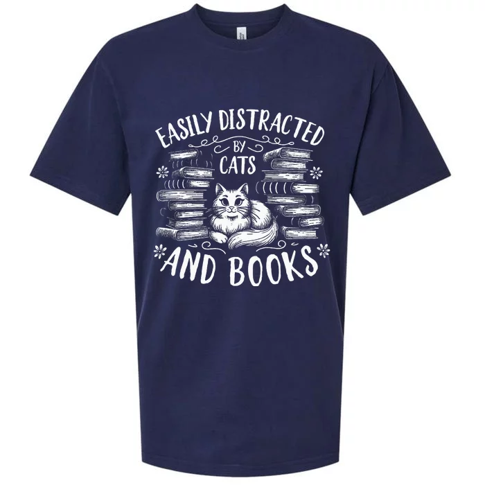 Easily Distracted By Cats And Books Cat Design Sueded Cloud Jersey T-Shirt