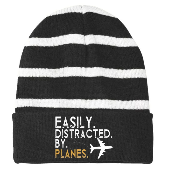 Easily Distracted By Planes Airplane Pilot Lover Striped Beanie with Solid Band