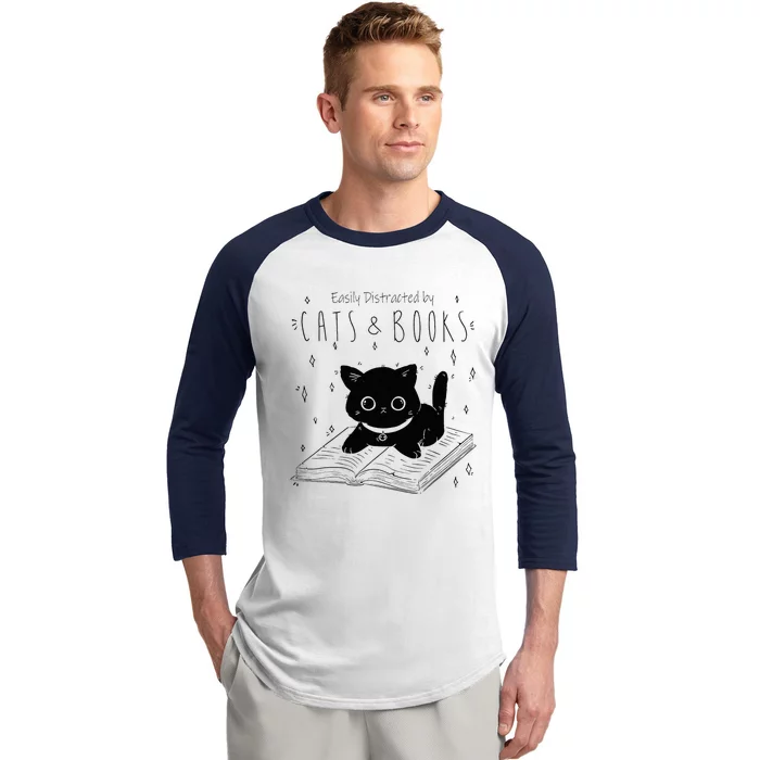 Easily Distracted By Cats And Books Funny Cat & Book Lover Baseball Sleeve Shirt