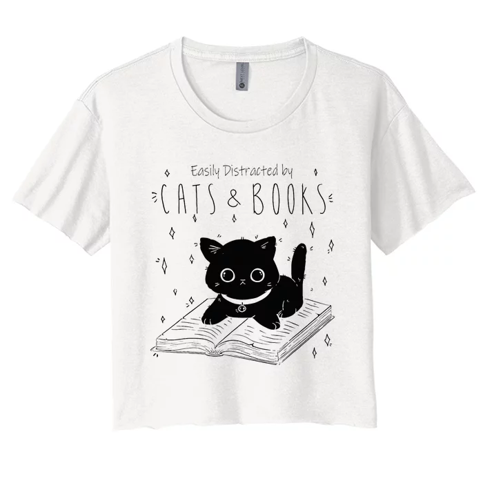 Easily Distracted By Cats And Books Funny Cat & Book Lover Women's Crop Top Tee