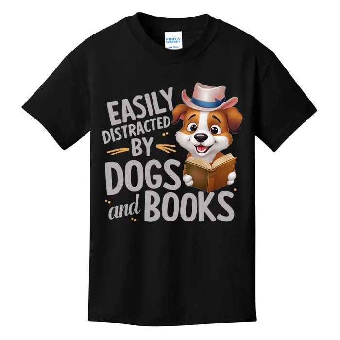 Easily Distracted By Dogs And Books Animals Lover Funny Kids T-Shirt