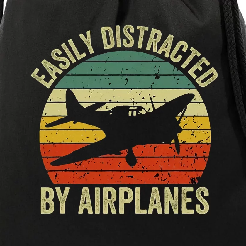 Easily Distracted By Airplanes Lover Pilot Funny Aviation Drawstring Bag