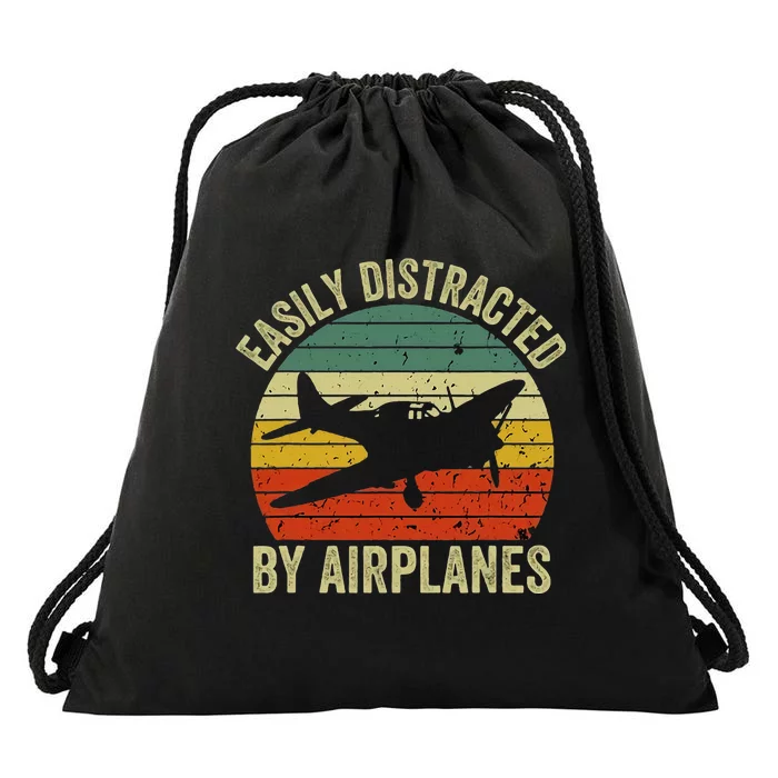 Easily Distracted By Airplanes Lover Pilot Funny Aviation Drawstring Bag