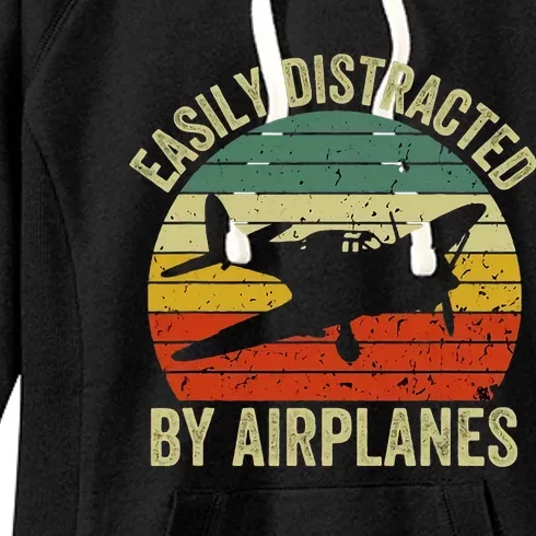 Easily Distracted By Airplanes Lover Pilot Funny Aviation Women's Fleece Hoodie