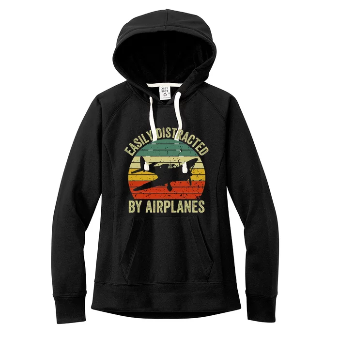 Easily Distracted By Airplanes Lover Pilot Funny Aviation Women's Fleece Hoodie