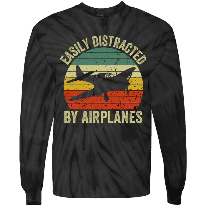 Easily Distracted By Airplanes Lover Pilot Funny Aviation Tie-Dye Long Sleeve Shirt