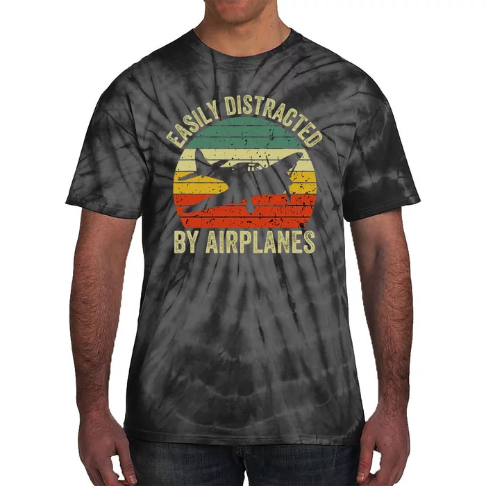 Easily Distracted By Airplanes Lover Pilot Funny Aviation Tie-Dye T-Shirt