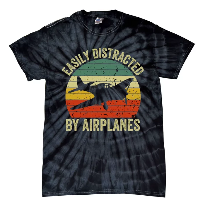 Easily Distracted By Airplanes Lover Pilot Funny Aviation Tie-Dye T-Shirt