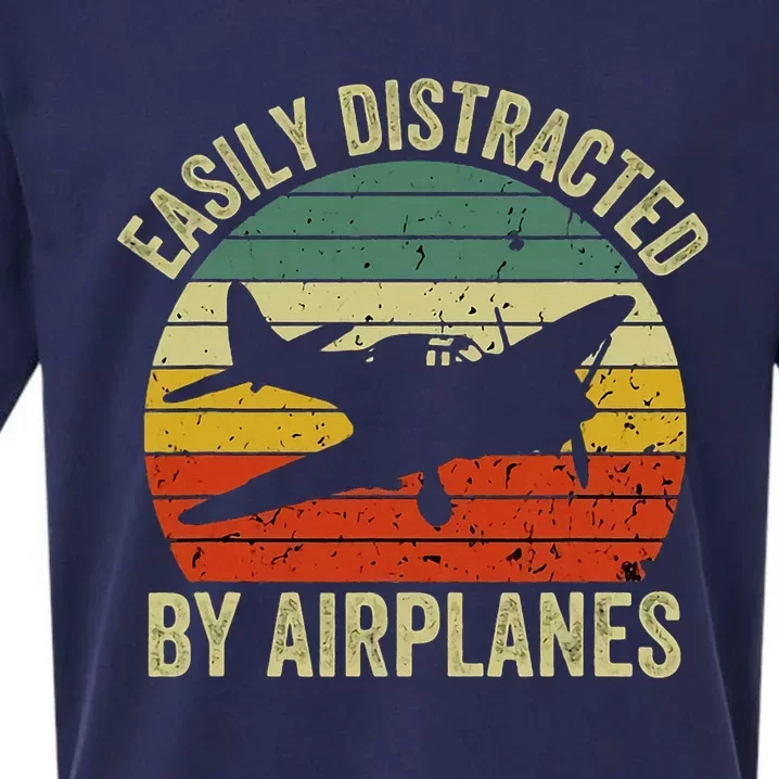 Easily Distracted By Airplanes Lover Pilot Funny Aviation Sueded Cloud Jersey T-Shirt