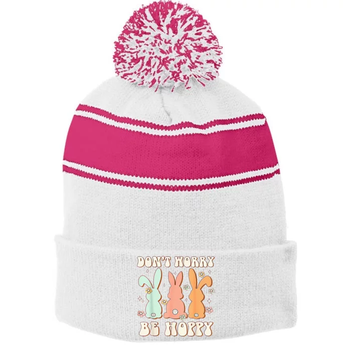 Easter Day Be Hoppy Rabbit Bunny Flowers Stripe Pom Pom Beanie