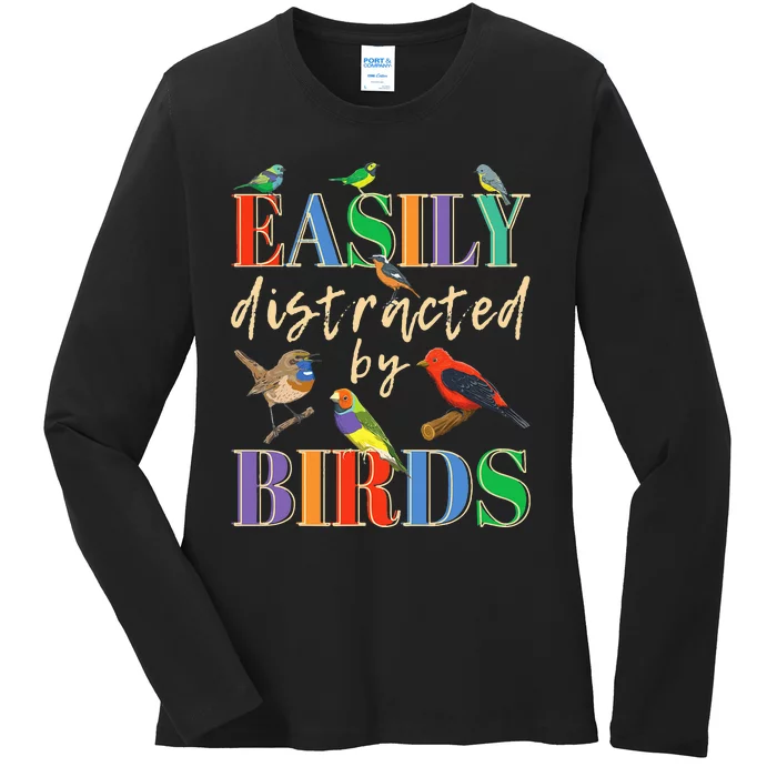 Easily Distracted By Birds Funny Bird Lover Ladies Long Sleeve Shirt