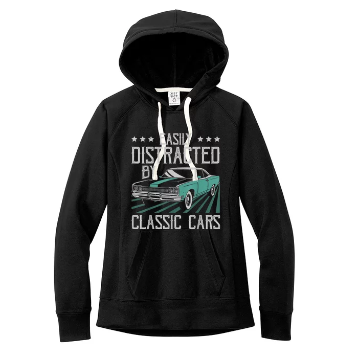 Easily Distracted By Classic Cars Funny Old Women's Fleece Hoodie