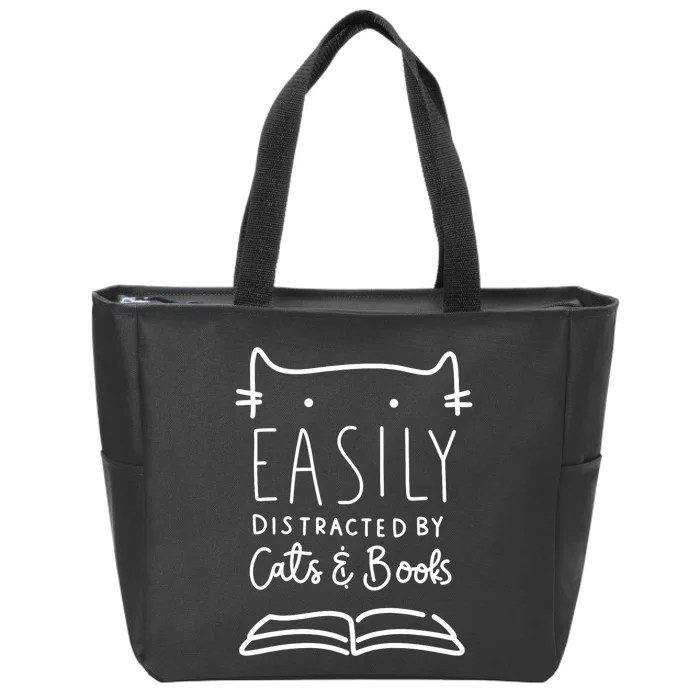 Easily Distracted By Cats And Books Cat & Book Lover Zip Tote Bag