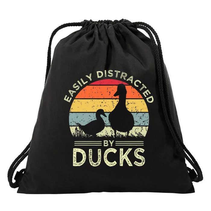 Easily Distracted By Ducks Funny Vintage Duck Lover Drawstring Bag