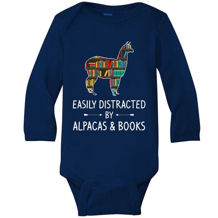 Easily Distracted By Alpacas & Books Lover Gift Vicuna Llama Baby Long Sleeve Bodysuit