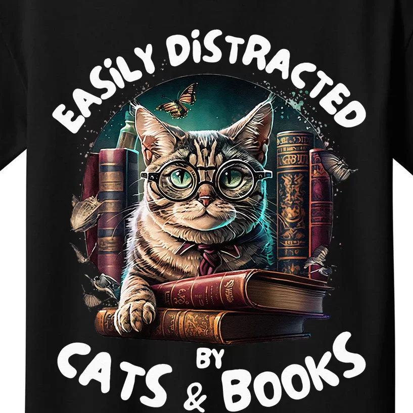 Easily Distracted By Cats and Books Librarians Bibliophiles Kids T-Shirt