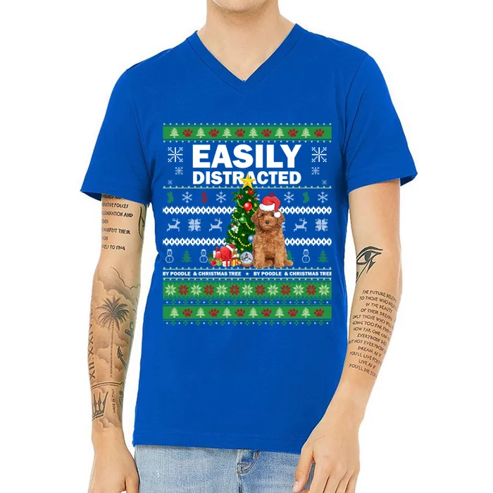 Easily Distracted By Poodle And Chirstmas Tree Merry Xmas Cute Gift V-Neck T-Shirt