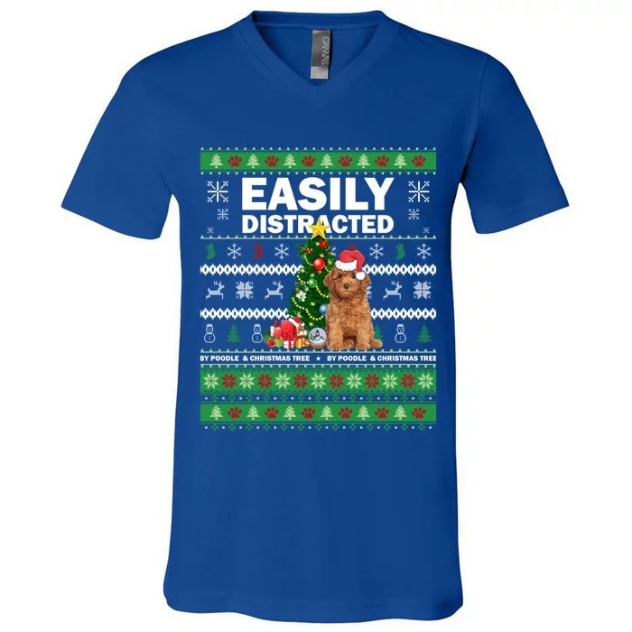 Easily Distracted By Poodle And Chirstmas Tree Merry Xmas Cute Gift V-Neck T-Shirt