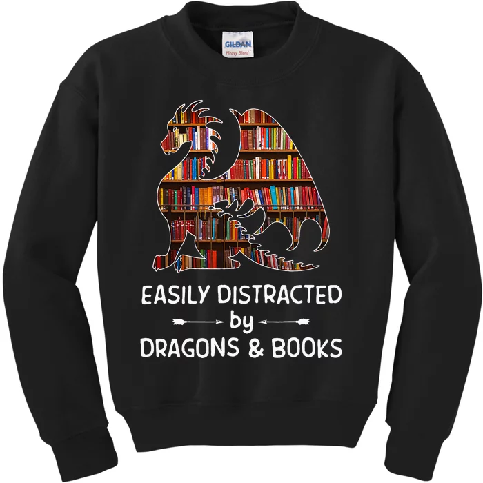 Easily Distracted By Dragon And Books Nerds Kids Sweatshirt