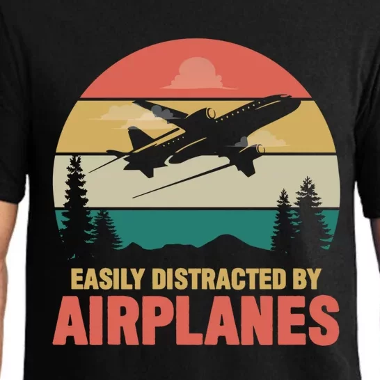 Easily Distracted By Airplanes Retro Airplane Funny Pilot Gift Pajama Set