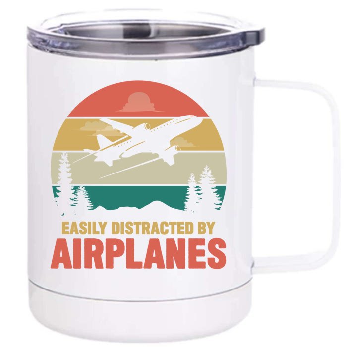 Easily Distracted By Airplanes Retro Airplane Funny Pilot Gift Front & Back 12oz Stainless Steel Tumbler Cup