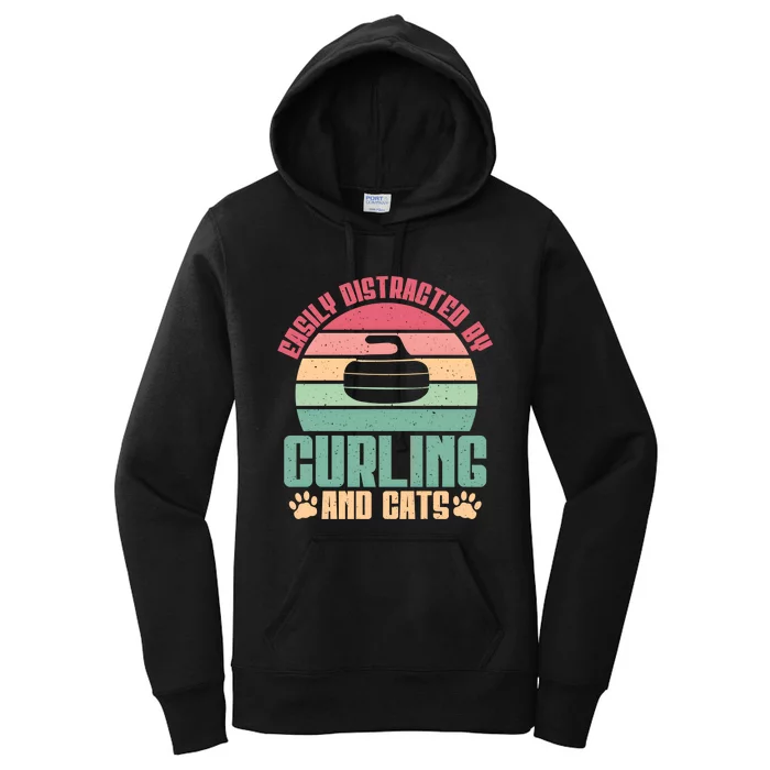 Easily Distracted By Curling And Cats Lover Curling Cool Gift Women's Pullover Hoodie