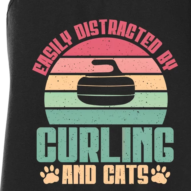 Easily Distracted By Curling And Cats Lover Curling Cool Gift Women's Racerback Tank