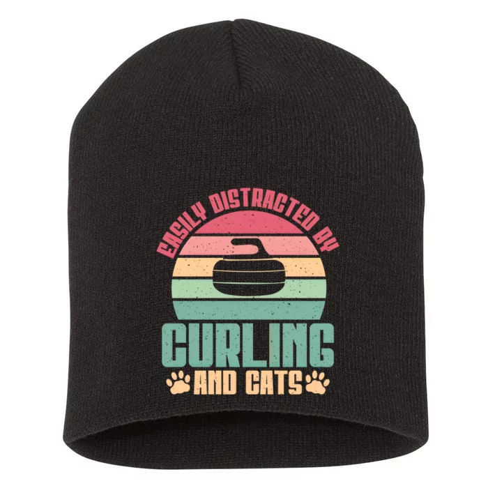 Easily Distracted By Curling And Cats Lover Curling Cool Gift Short Acrylic Beanie