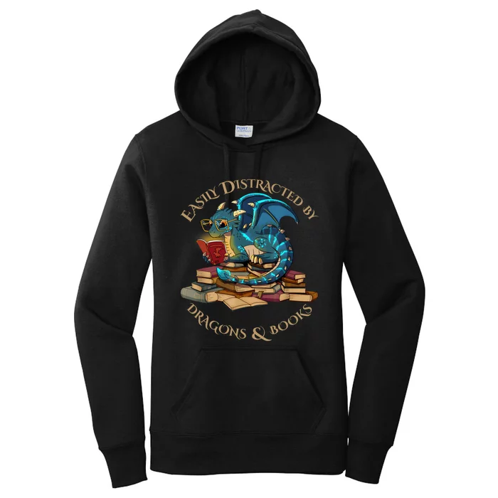 Easily Distracted By Dragons And Books Gift Nerd Dragon Women's Pullover Hoodie