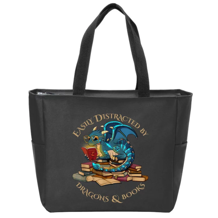 Easily Distracted By Dragons And Books Gift Nerd Dragon Zip Tote Bag