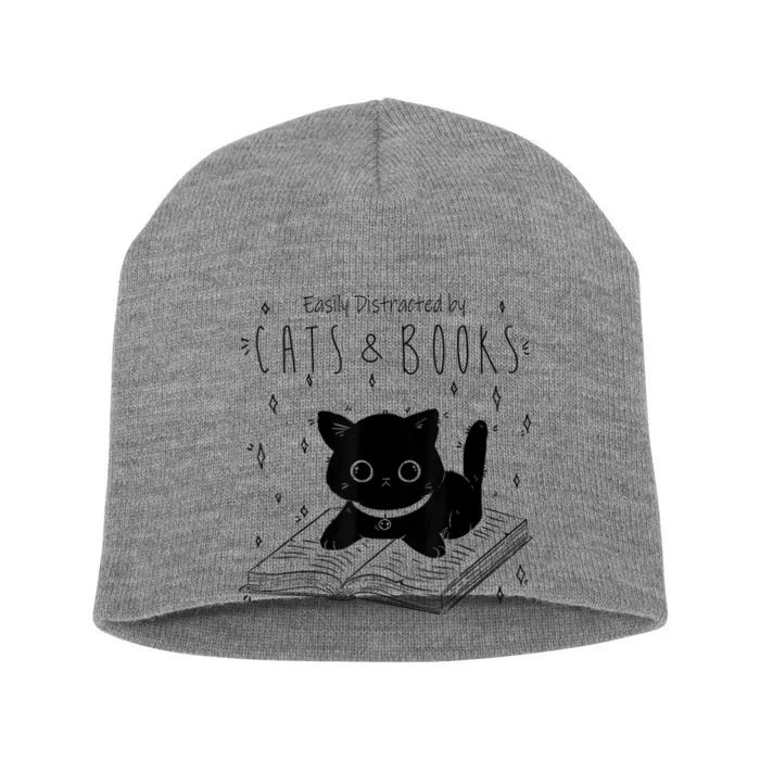 Easily Distracted By Cats And Books Funny Cat & Book Lover Short Acrylic Beanie