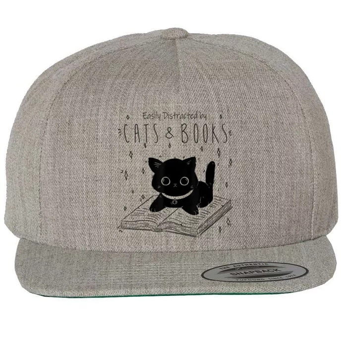 Easily Distracted By Cats And Books Funny Cat & Book Lover Wool Snapback Cap