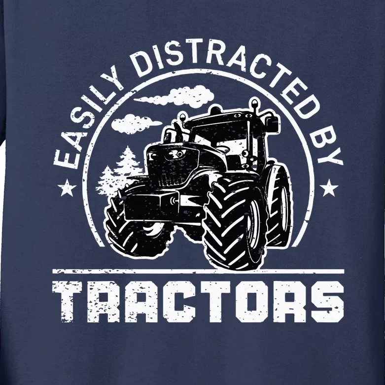 Easily Distracted By Tractors Funny Farm Tractor Enthusiast Kids Long Sleeve Shirt