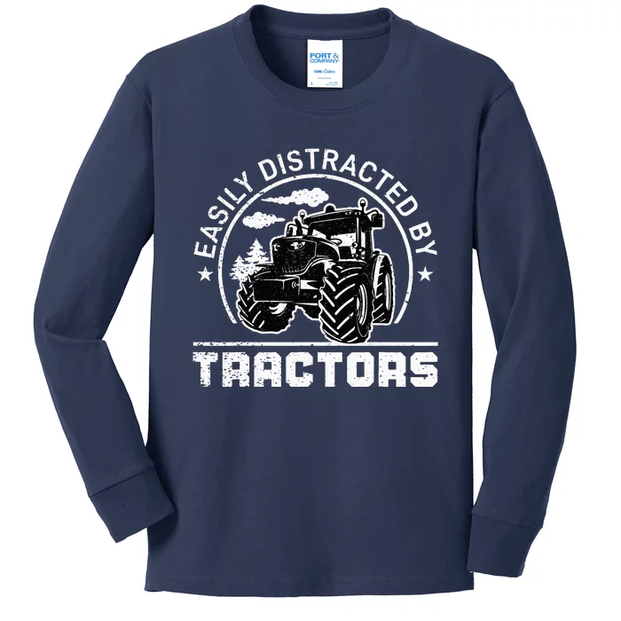 Easily Distracted By Tractors Funny Farm Tractor Enthusiast Kids Long Sleeve Shirt