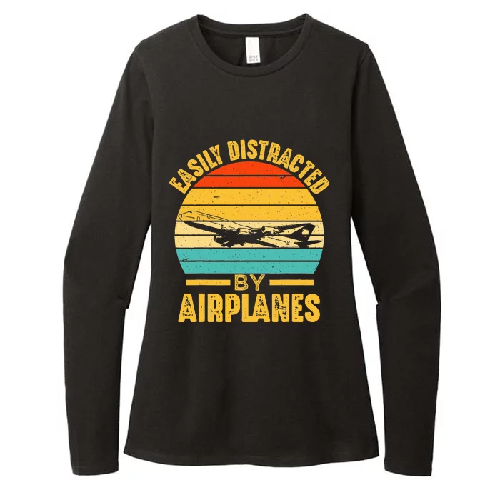 Easily Distracted By Airplanes Pilot Gifts Funny Aviation Womens CVC Long Sleeve Shirt