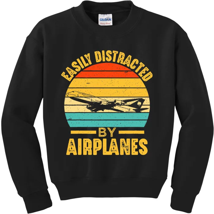 Easily Distracted By Airplanes Pilot Gifts Funny Aviation Kids Sweatshirt