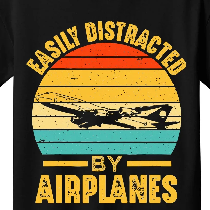 Easily Distracted By Airplanes Pilot Gifts Funny Aviation Kids T-Shirt