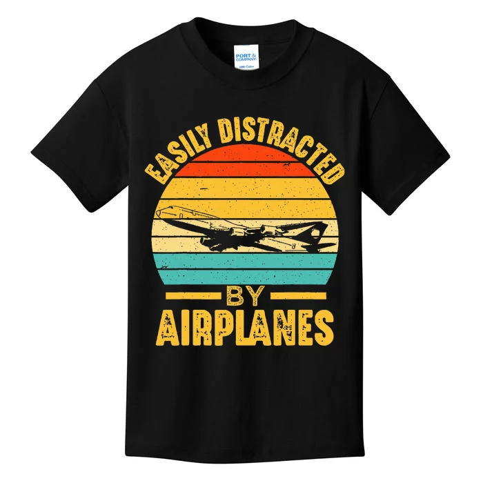 Easily Distracted By Airplanes Pilot Gifts Funny Aviation Kids T-Shirt