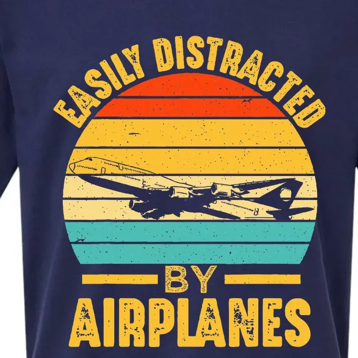 Easily Distracted By Airplanes Pilot Gifts Funny Aviation Sueded Cloud Jersey T-Shirt