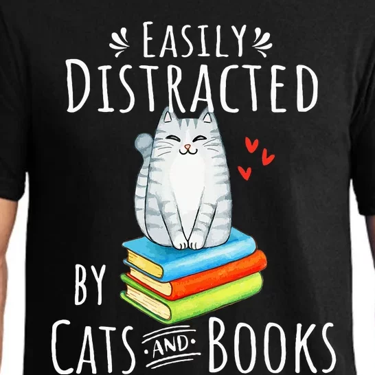 Easily Distracted By Cats And Books Funny Cat & Book Lover Pajama Set