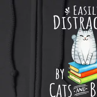 Easily Distracted By Cats And Books Funny Cat & Book Lover Full Zip Hoodie